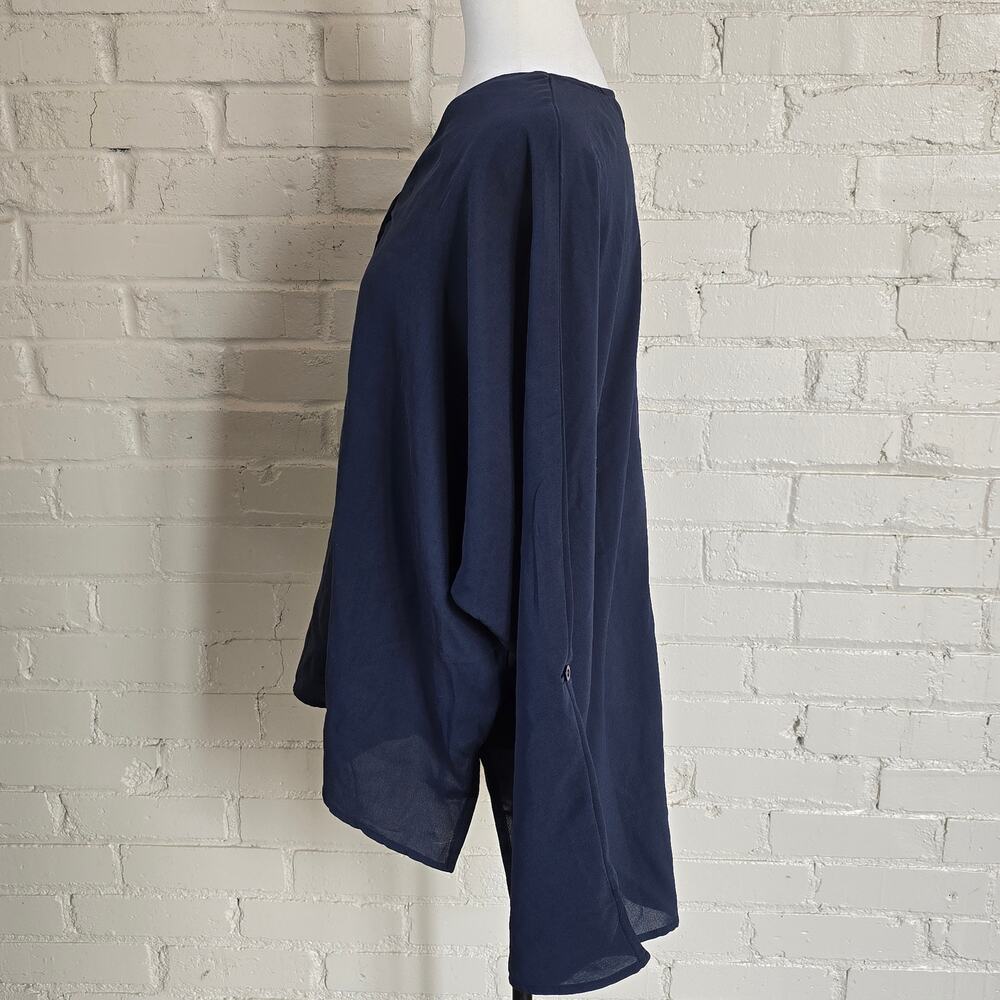 Minimalist Navy Blue V-Neck Roll Tab Long Sleeve Tunic Blouse Business Casual - Picture 2 of 9